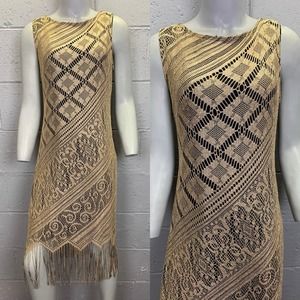 Vintage 1990s Crocheted Mesh Fringe Dress Bronze Rose Gold Size Large